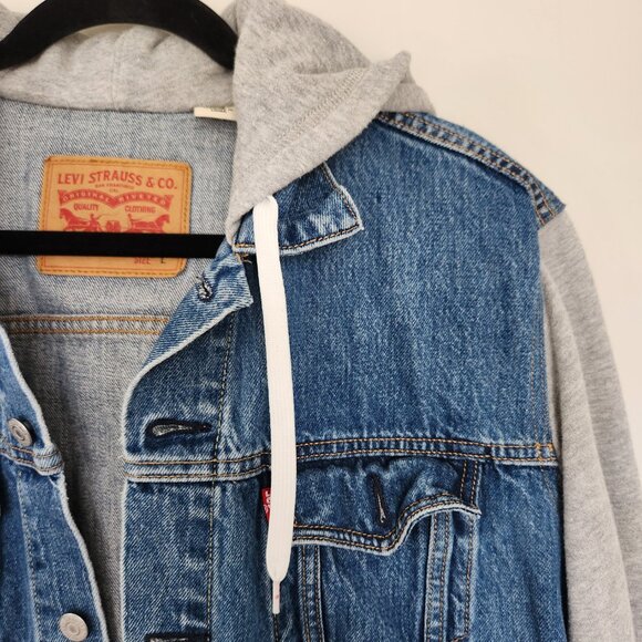 Levis Hybrid Hoodie Trucker Jacket Mens Large L Blue Gray 100% Cotton Denim EUC - Picture 2 of 8